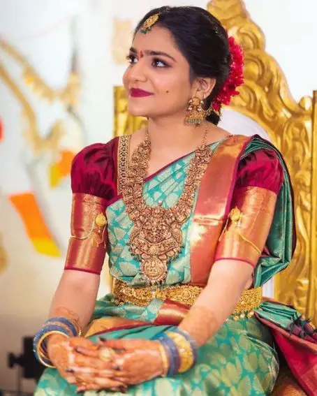 Sea Green Soft Silk With Maroon Puff Sleeves For Bride