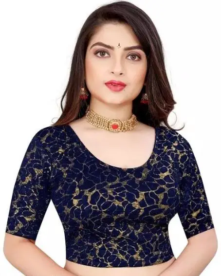 Shaheen Gold Print & Glitter on Beaded Back Stretchable Lycra Blouse