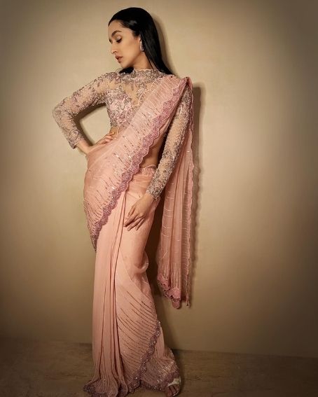 Shraddha Kapoor in Gorgeous Pastel Color Saree with Full Neck Work Blouse