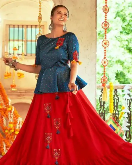 Silk Lehenga Choli in Red with Printed