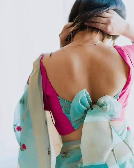 Simple Bow and Patch Work Back Neck Party Blouse Pink and Sky Blue Color