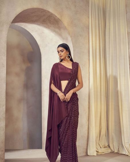 Sitaara Wine Saree With Asymmetrical Cape Blouse