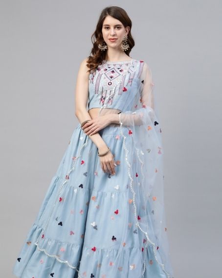 Sky Blue Cotton A Line Lehenga Choli with Sleeveless Blouse 