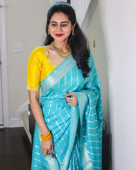 Sky Blue Silk Saree with Yellow Blouse