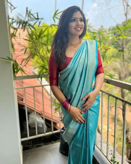 Skyblue Kubera Soft Silk Saree With Contrast Blouse