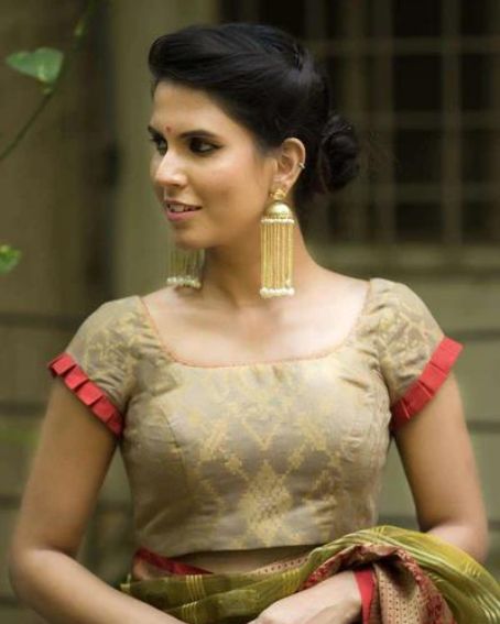Snuff and Gold Brocade Blouse with Frills on Sleeves