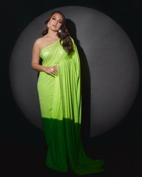 Sonakshi Sinha in One Shoulder Sequins Blouse Design
