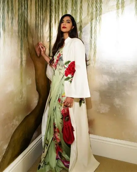 Sonam Kapoor in Floral Saree with Off White Full Blouse Design