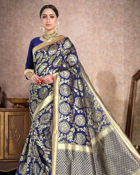 Space Blue Printed Banarasi Saree