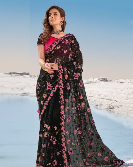 Splendid Look Black Color Soft Net Base Sequins And Resham Work Saree