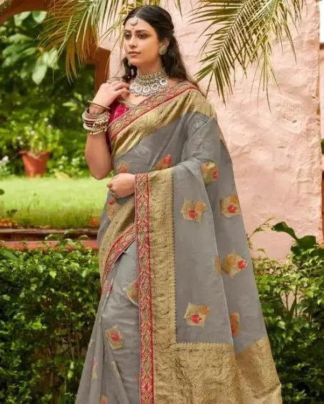 Steel Grey Wedding Wear Organza Woven Zari Saree With Maroon Blouse