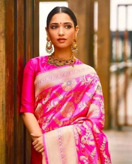 Tamanna in Gorgeous Banarasi Silk Saree with High Neck Blouse