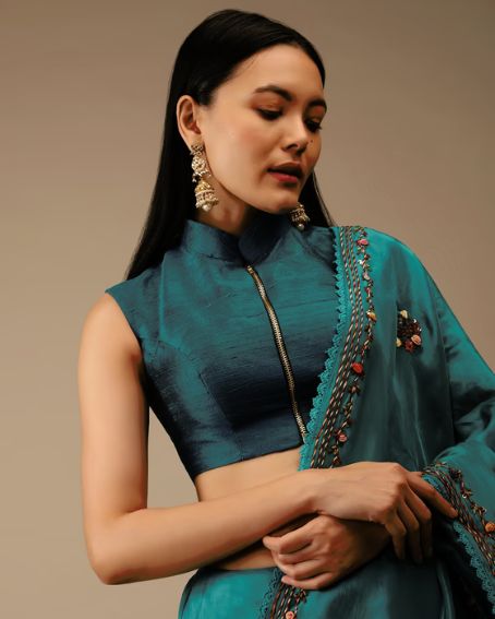 Teal Blue Blouse In Raw Silk With Mandarin Collar Neckline And Front Zip Closure