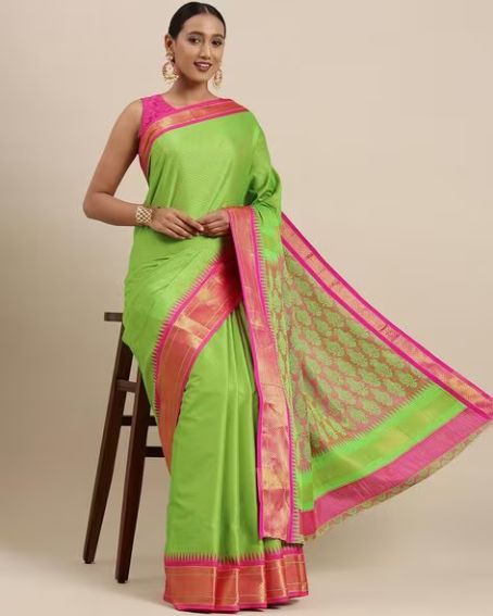 Traditional Green Silk Saree with Pink Blouse Piece