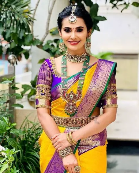 Traditional Yellow Soft Silk Saree With Purple Blouse Piece