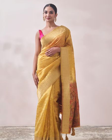 Turmeric Yellow Patterned Saree with Pink Blouse