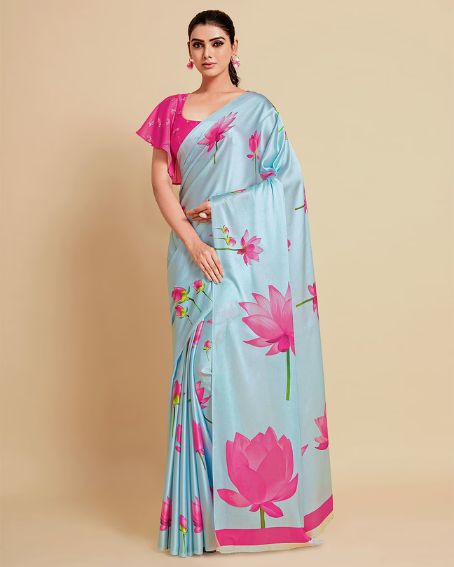 Turquoise Blue & Magenta Floral Zari Satin Saree