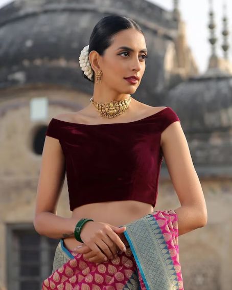 Velvet Maroon Color Off-Shoulder Blouse Design With Pink Saree