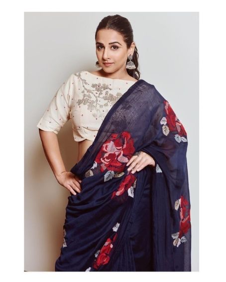 Vidya Balan Boat Neck Beige Blouse Design with Navy Blue Saree