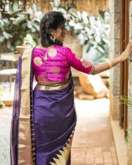 Violet Latest Saree Blouse Neck Designs with Potli