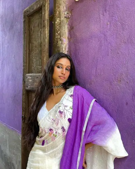 White And Violet Plain Saree With Blouse