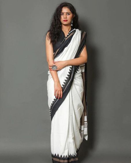 White & Black Border Printed Pure Cotton Saree