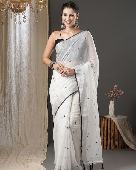 White & Black Floral Printed Zari Silk Cotton Saree