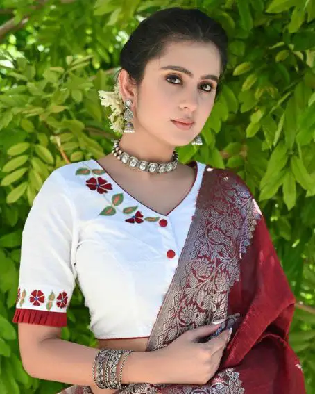 White Blouse with Delicate Machine Embroidery Blouse Designs