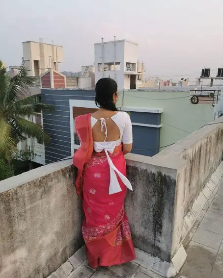 White Color Bow Blouse Design For Printed Saree