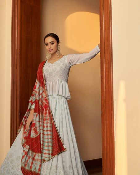White Designer Lehenga Choli with Bricks Red Duppatta For Wedding