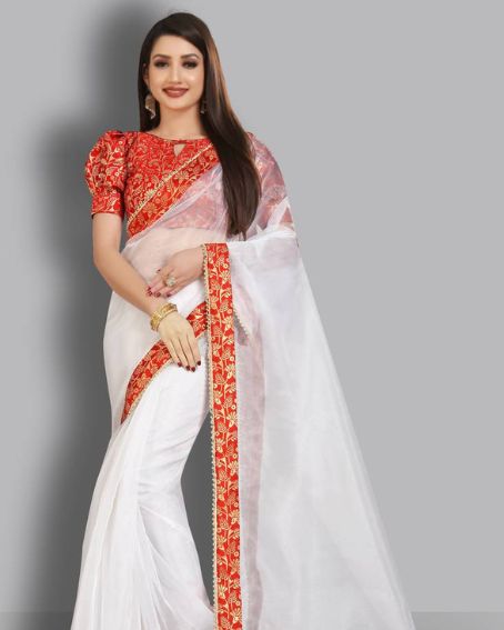 White Embroidered Organza Saree With Red Blouse