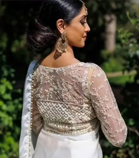 White Floral Embroidered Saree Blouse with Broad Shoulders
