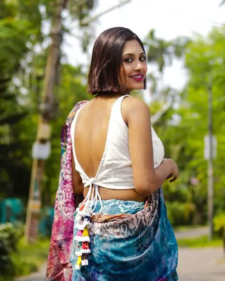 White Khadi With Weaving Line Multi Latkan Backless Blouse