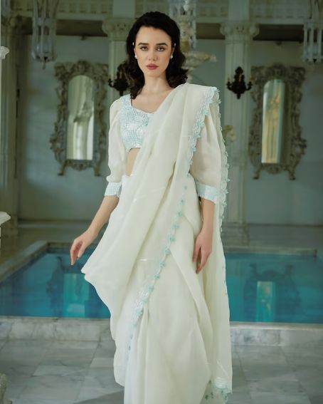 White Organza Scallop Trim Saree With Puff Sleeve Blouse