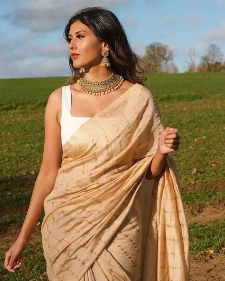 White Square Neck Blouse with Beigi Color Saree