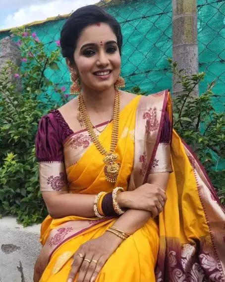 Wine Color Puff Sleeve Blouse with Yellow Saree