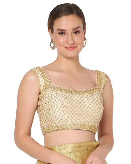 Women Beige Silk Blend Embroidered Readymade Saree Blouse