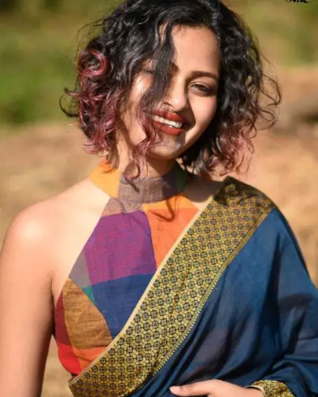 Women Blue & Orange Colored Checked Printed Cotton Saree Blouse