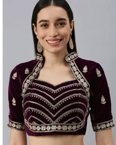 Women Burgundy Embroidered Velvet Padded Saree Blouse