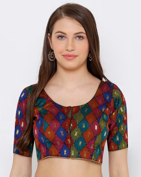 Women Maroon & Blue Printed Readymade Saree Blouse