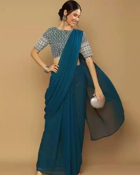 Women's Blue Color Plain Saree with Designer Blouse