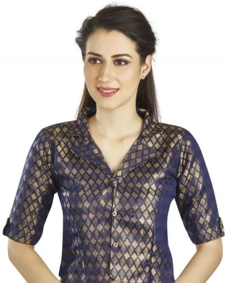 Woven Art Silk Jacquard Asymmetric Blouse in Navy Blue