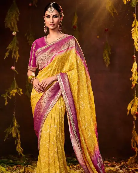 Yellow And Pink Georgette Saree