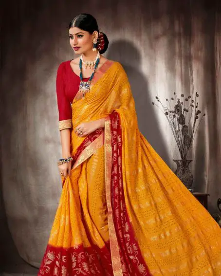 Yellow and Red Color Soft Dola Silk Saree with Foil Printed Work