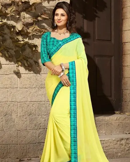 Yellow Bordered Saree With Sea Green Checks Blouse