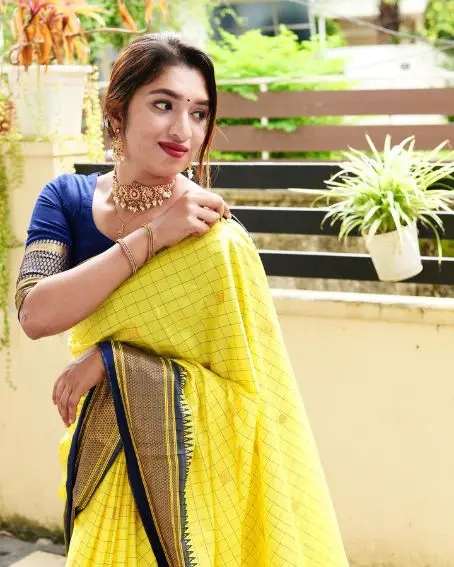 Yellow Checks Saree with Blue Blouse