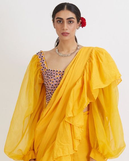 Yellow Color Full Sleeve Ruffle Blouse Design