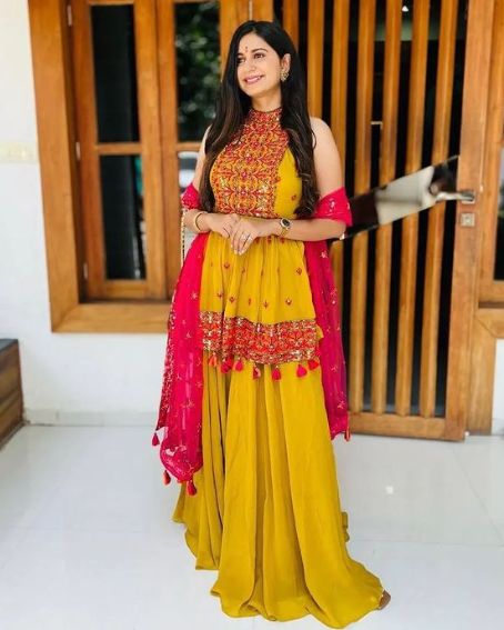 Yellow Color Lehanga with Long Blouse Design