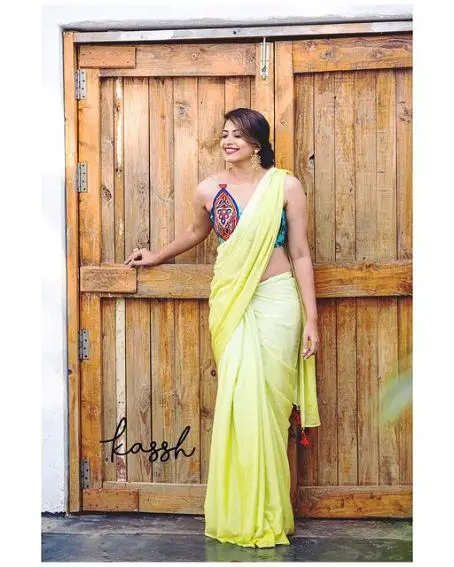 Yellow Color Plain Saree with Blue Color Designer Blouse