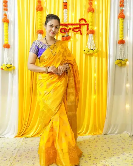 Yellow Fancy Saree with Blue Embroidery Blouse